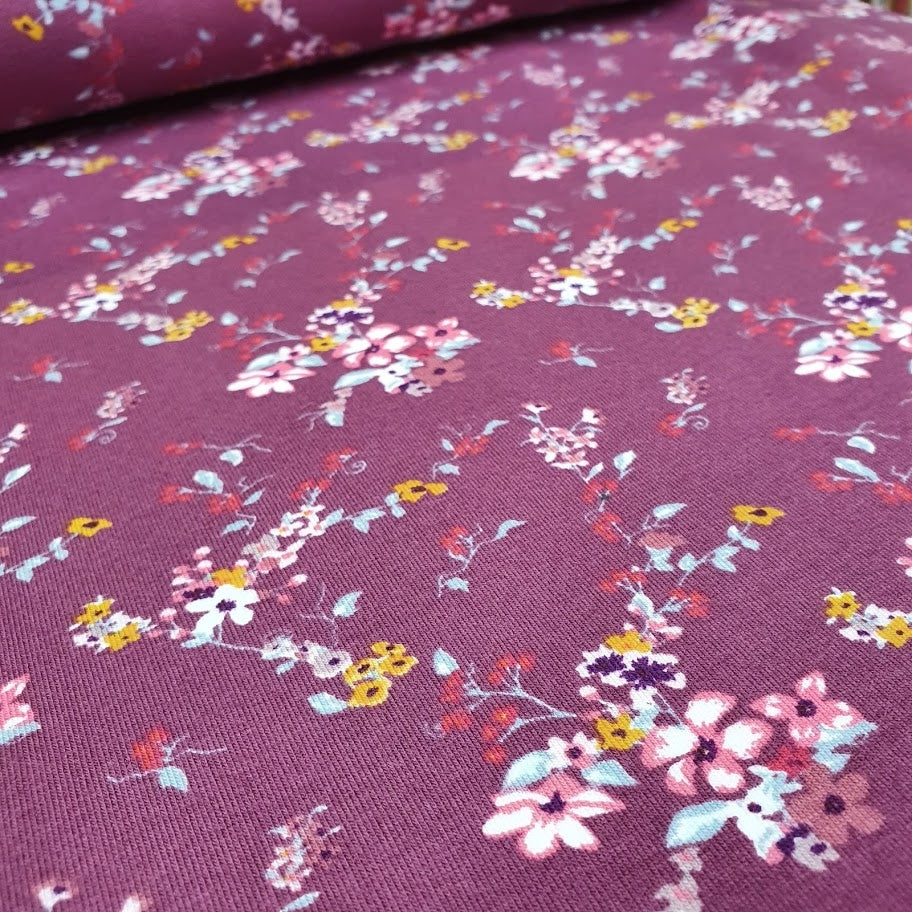 French Terry Little Flowers - darkberry