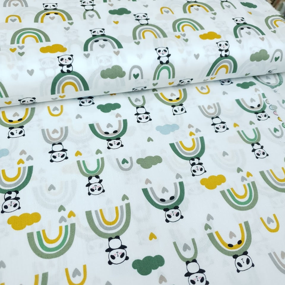 Baumwollstoff - Pandas - grün gelb