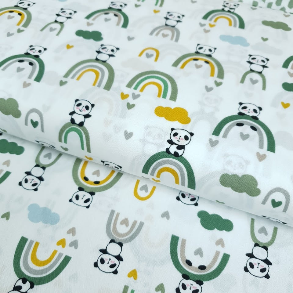 Baumwollstoff - Pandas - grün gelb