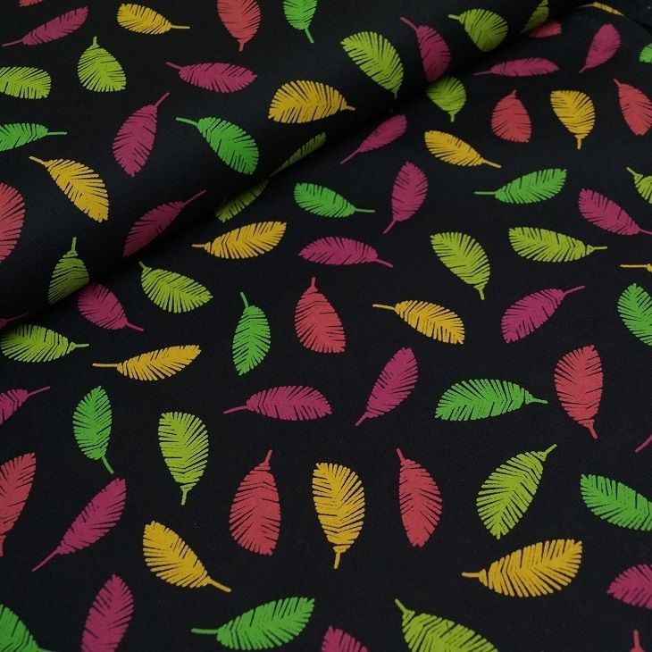 Baumwollstoff - Bunte Federn - schwarz