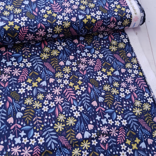 Reststück 133cmx145cm - Baumwollstoff Springflowers - navy