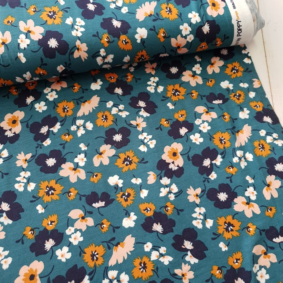 Reststück 114cmx145cm - Tencel Modal Jersey Flowers - petrol