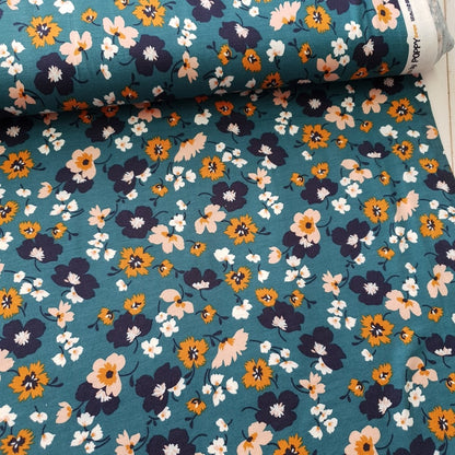 Reststück 114cmx145cm - Tencel Modal Jersey Flowers - petrol